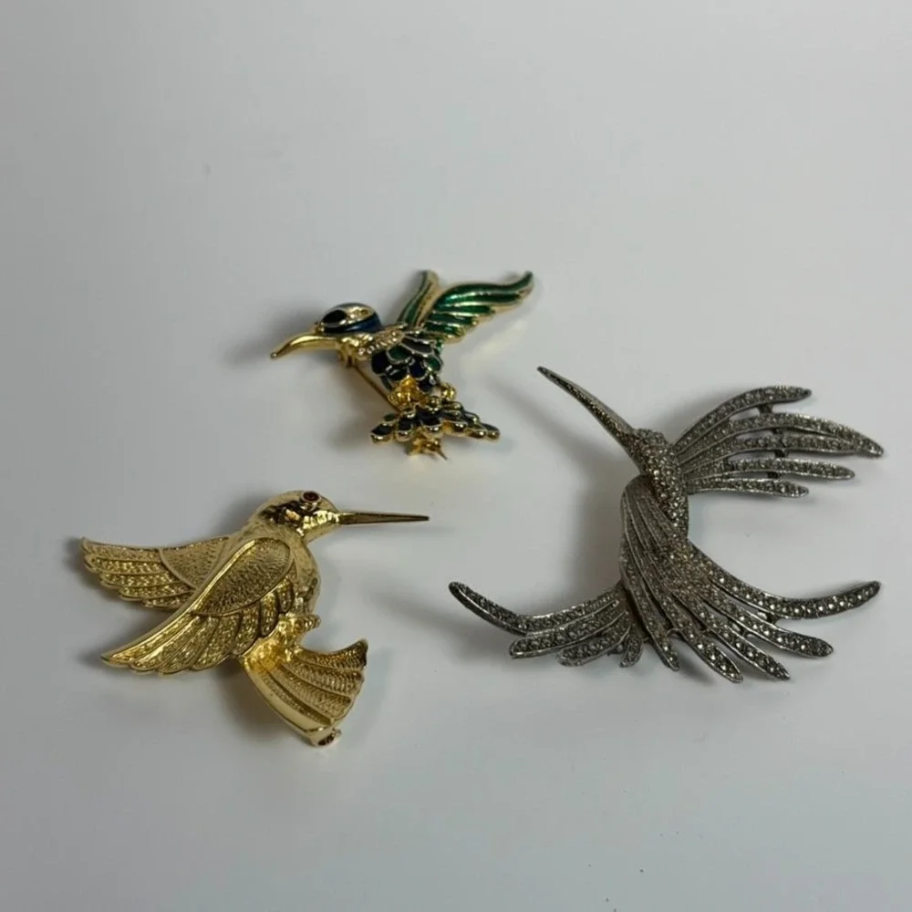 Brooch Lot Hummingbirds Vintage Silver Tone Green Painted Gold Tone‎ 2 inch